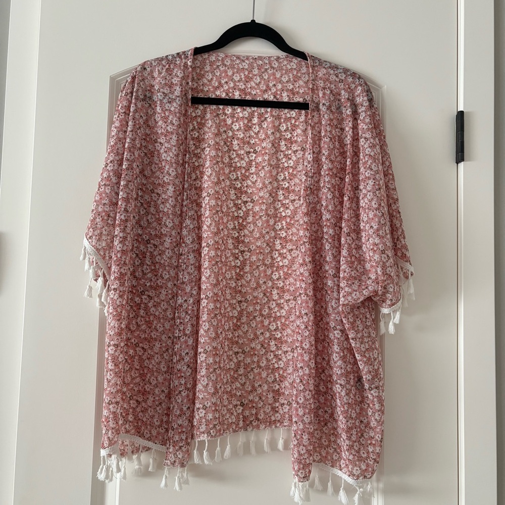 Floral Pink Kimono Ruana with Tassels